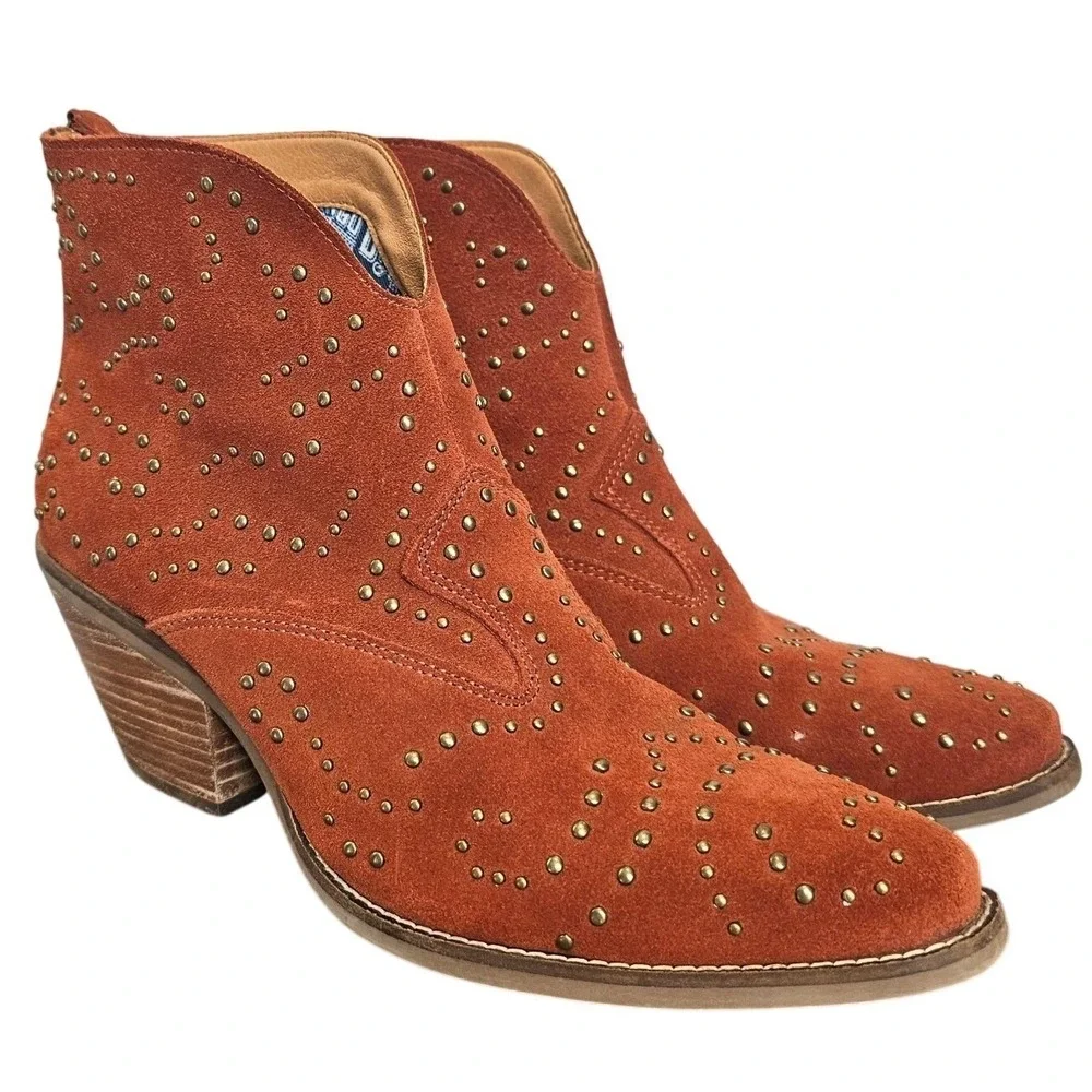 Dingo Burnt Orange Suede Studded Western‎ Ankle Boots Size 10 Cowgirl Booties - Picture 2 of 11